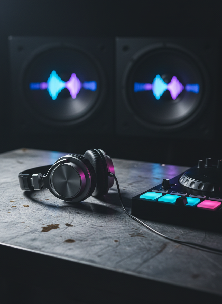 A brooding, cinematic close-up of a pair of high-end DJ headphones resting on a rugged, scratched metal surface beside a minimalist DJ controller. The controller’s pads and knobs emit a faint neon cyan and magenta glow, reflecting in subtle streaks across the table. In the background, out of focus, large subwoofers pulse softly with a visualized bass wave, like a three-dimensional sound sculpture. Dim, directional lighting from one side carves sharp highlights and deep shadows, creating a moody, industrial atmosphere. Composed with shallow depth of field at eye level, the image feels intimate and focused, capturing the meticulous, obsessive side of techno production and mix preparation for Morelli DJ’s studio work.