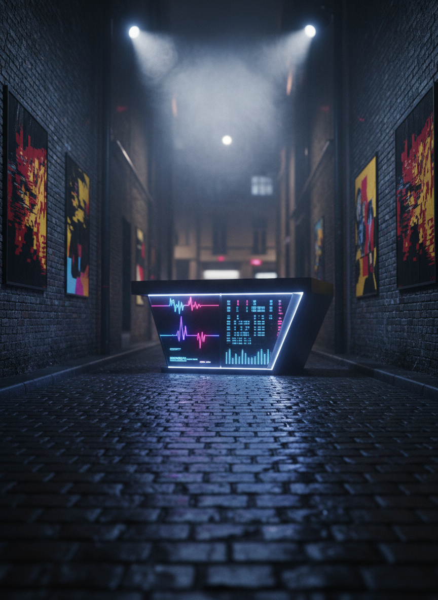 A dark, rain-slicked urban alley at night transforms into an open-air techno stage, with a minimalist, angular DJ desk embedded with glowing waveforms and gridded visualizers that suggest upcoming event dates without text. Wet cobblestones mirror cold blue and violet light spilling from hidden LED strips beneath the desk. Abstract poster-like panels on nearby brick walls show blurred, glitchy graphics reminiscent of past French event flyers, but without readable words. Overhead, a faint mist catches beams of white light like searchlights. Shot in a cinematic, slightly low angle with deep depth of field, the scene feels like a secret rave announcement materializing in the city’s shadows, mysterious and enticing.