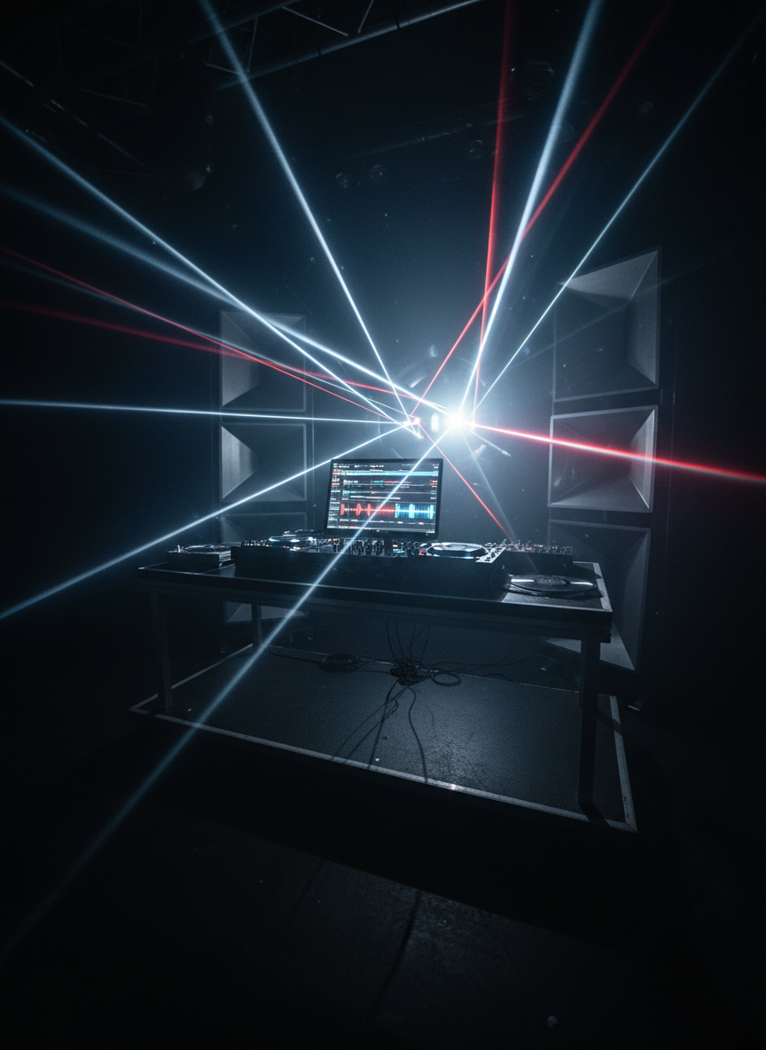 A sleek, matte-black DJ booth filled with high-end techno equipment, glowing with subtle LED indicators in icy blue and deep red, stands on a slightly elevated stage in a dark underground club. Massive abstract speaker towers loom behind, their surfaces textured like brushed metal. A storm of laser beams and strobing white light slices through a dense, swirling haze, illuminating vinyl records and a digital waveform display reminiscent of a SoundCloud timeline. Shot in cinematic ultra-wide angle from low perspective, with dramatic contrast and pockets of darkness, the mood is intense, immersive, and unapologetically underground, evoking the raw power of a late-night Morelli DJ techno set without showing any human figures.