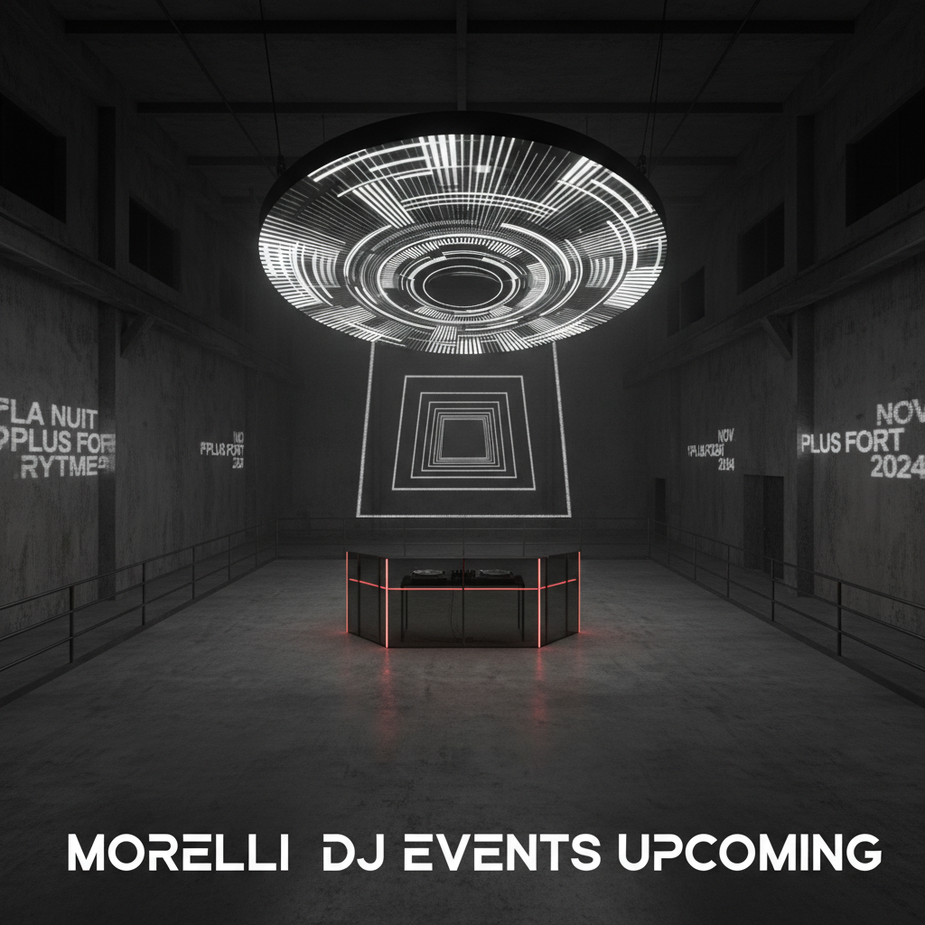 Inside a stark, industrial warehouse, a massive circular LED installation hovers above an empty dance floor, its surface displaying hypnotic monochrome techno-inspired patterns in sync with a visible waveform tunnel extending into the darkness. Beneath it, a minimalist DJ platform of smoked glass and black steel holds turntables and a mixer lit only by thin, crimson LED edge lights. Hints of past event visuals are suggested by ghostly projections on concrete walls: abstract shapes, fragmented dates, and French phrases dissolved into pure texture. Dramatic, high-contrast spotlights from above create long, graphic shadows. Captured in a wide, cinematic frame from a high corner, the mood is ominous yet inviting, perfect for showcasing upcoming Morelli DJ events.